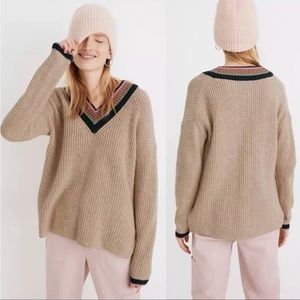 Madewell Tipped Forrest, Tan w/ Color Detail, V-Neck Sweater